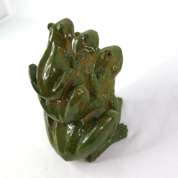 Frog Figurine 3 Stacked Green Frogs  Glazed Realistic 6" x 6" Toad - Picture 8 of 11